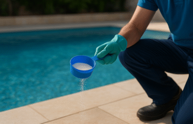 Aplicação de cloro na piscina residencial