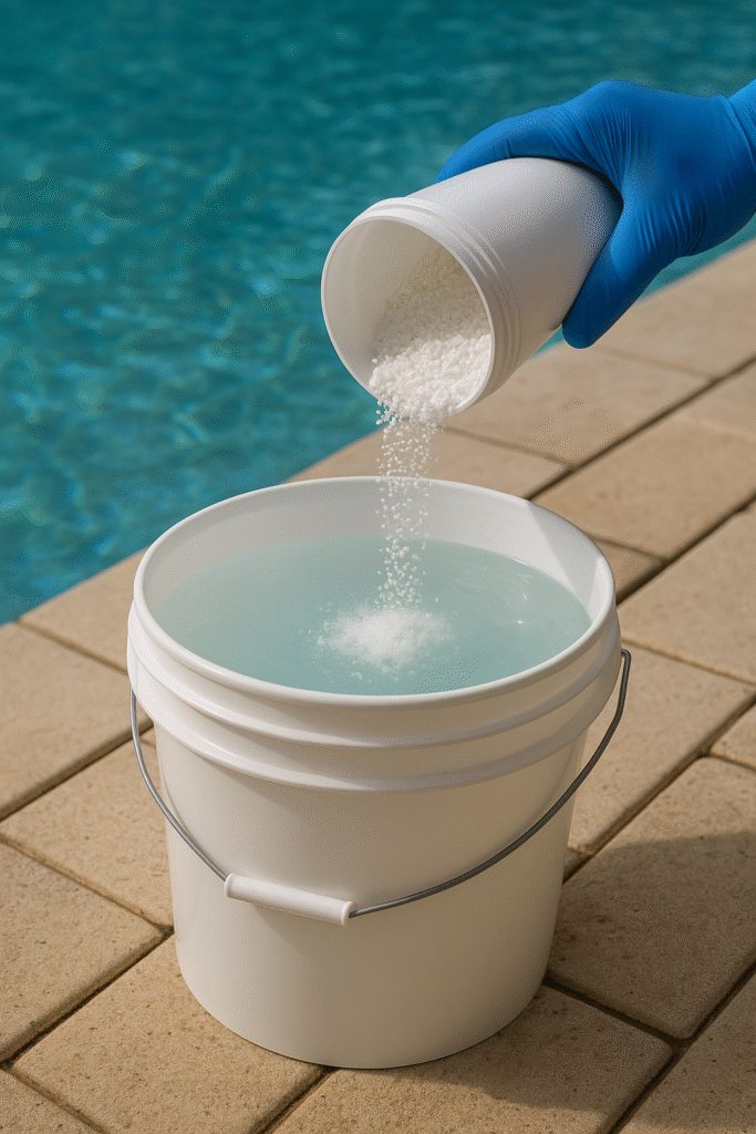 Cloro granulado para tratamento da piscina sendo preparado para aplicação