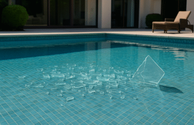 Vidro quebrado dentro de piscina residencial