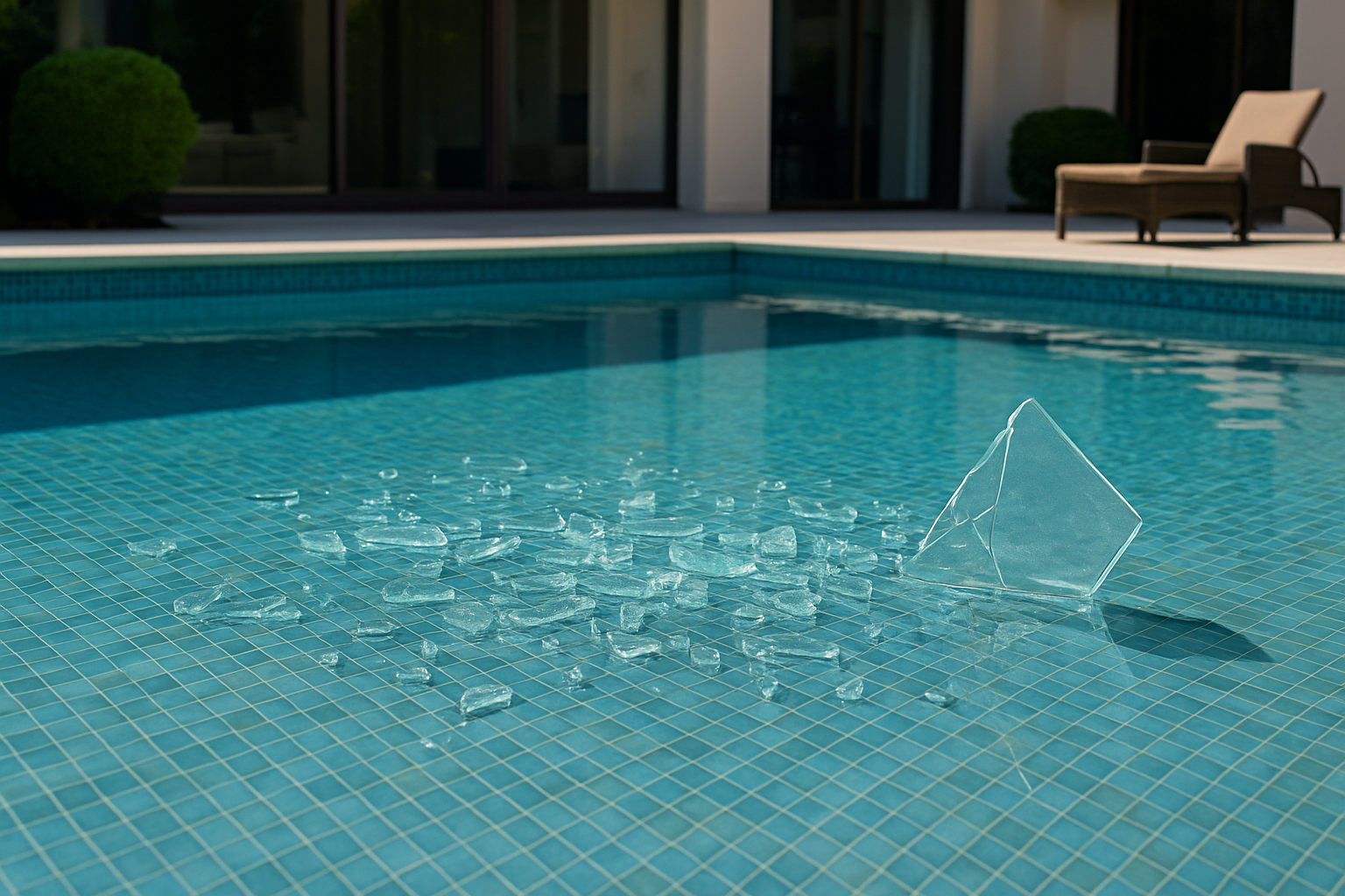 Vidro quebrado dentro de piscina residencial