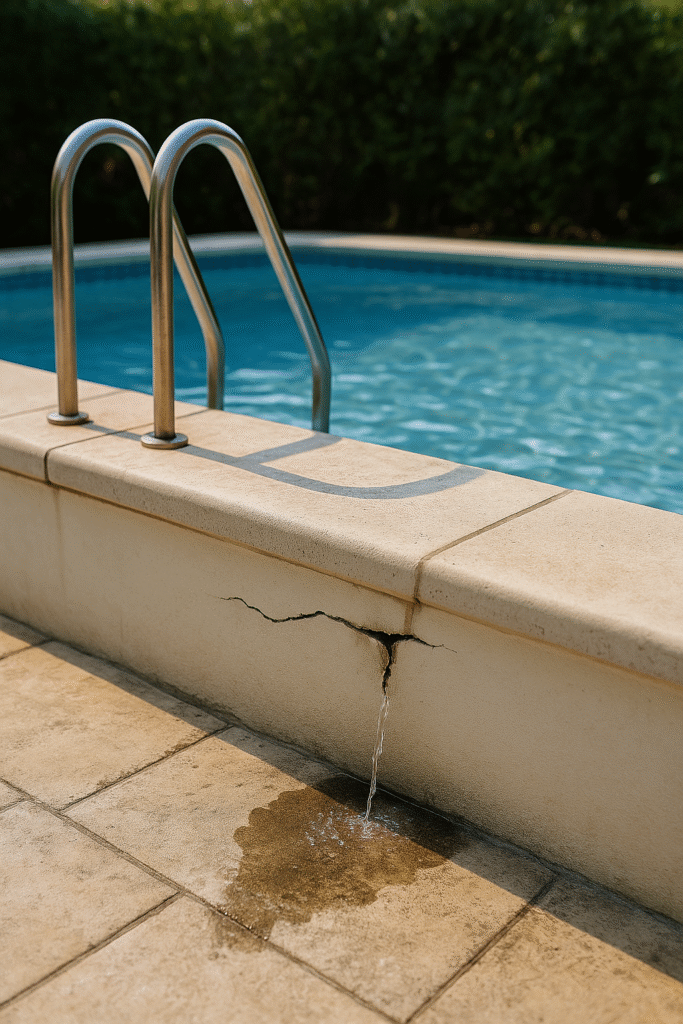 Piscina vazando com rachaduras e infiltrações, mostrando necessidade de reparo e manutenção especializada.