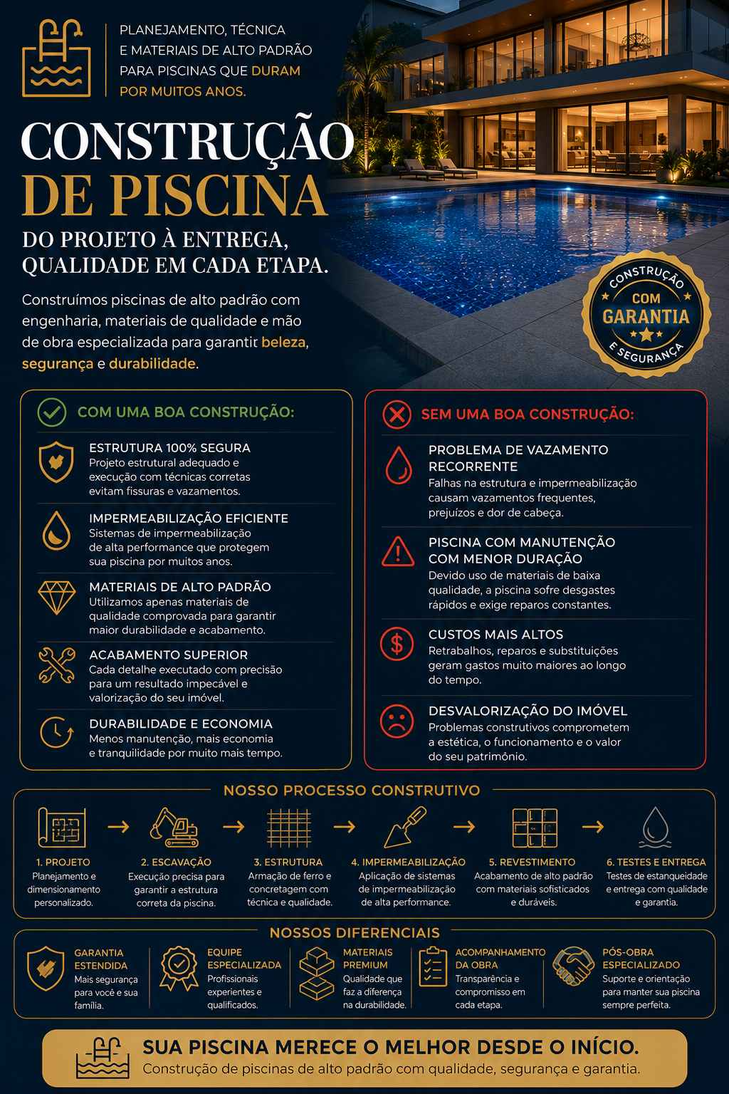 Constru&ccedil;&atilde;o de piscina de alto padr&atilde;o realizada pela Severino Piscinas em S&atilde;o Paulo. Projeto com estrutura refor&ccedil;ada, impermeabiliza&ccedil;&atilde;o profissional, hidr&aacute;ulica eficiente e materiais premium para garantir durabilidade, seguran&ccedil;a e menor necessidade de manuten&ccedil;&atilde;o ao longo dos anos.