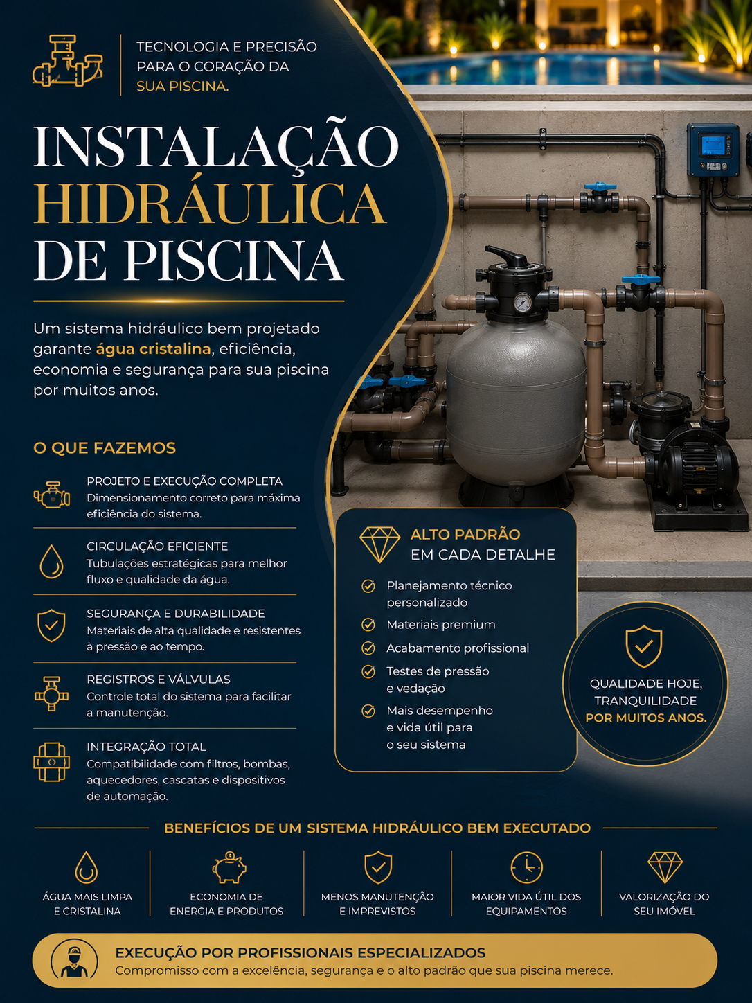 Instala&ccedil;&atilde;o hidr&aacute;ulica de piscina de alto padr&atilde;o com tubula&ccedil;&otilde;es, filtro, bomba e registros instalados em casa de m&aacute;quinas. Sistema hidr&aacute;ulico projetado para garantir efici&ecirc;ncia na circula&ccedil;&atilde;o da &aacute;gua, economia de energia, durabilidade dos equipamentos e &aacute;gua cristalina.