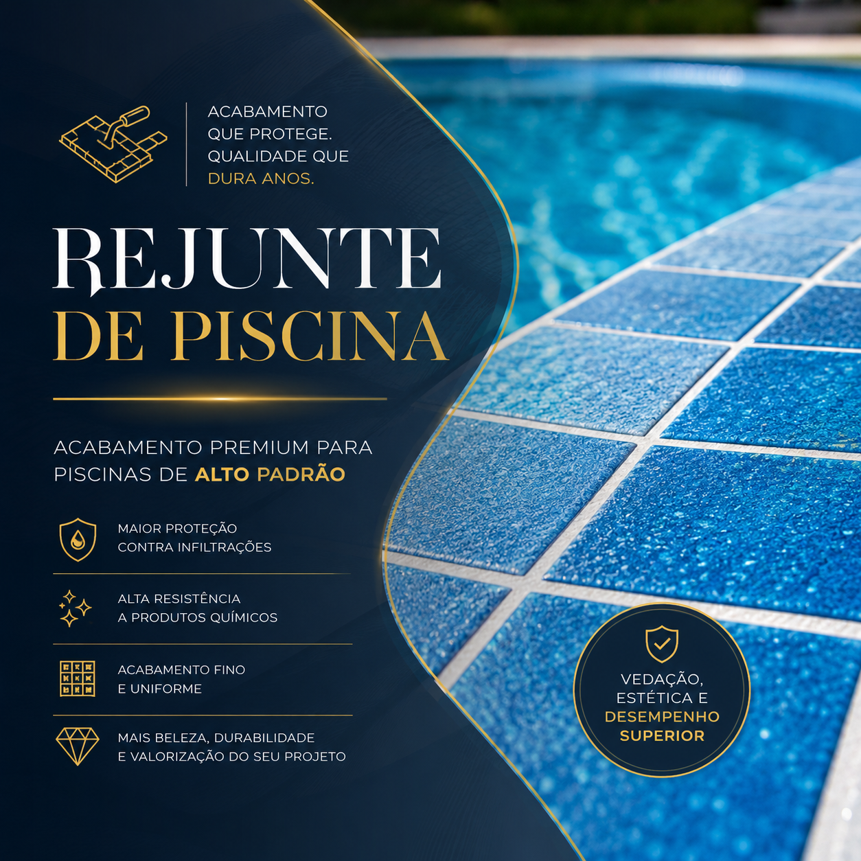 Rejunte de piscina de alto padrão com acabamento premium em revestimento cerâmico azul. Serviço especializado de rejuntamento para proteção contra infiltrações, maior resistência aos produtos químicos e valorização estética da piscina residencial.